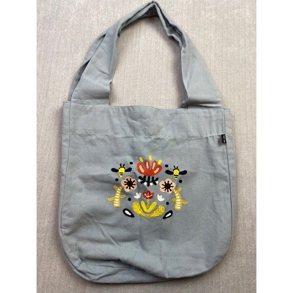 Danica Studio Handbags - Danica Studio Blue Cotton Canvas Tote Bag Embroidered Bees Flowers Whimsical